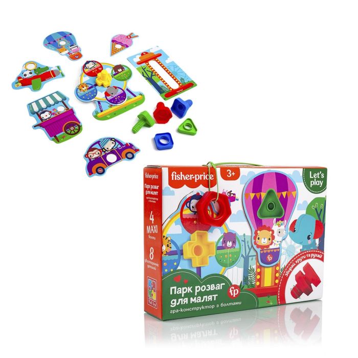 гр Гра настільна "Парк розваг. Гра-конструктор з болтами" Fisher-Price VT2905-21 (6) "Vladi Toys", 13 деталей, 4 болтика, 4 гайки