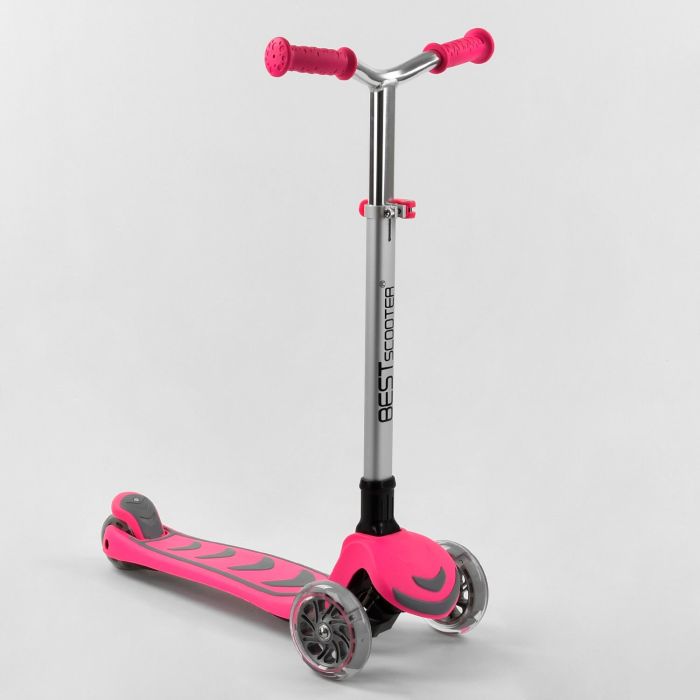 Самокат триколісний Y-00211 (4) Best Scooter, рожеве, складане алюмінієве кермо, 4 колеса PU зі світлом, d=12 см