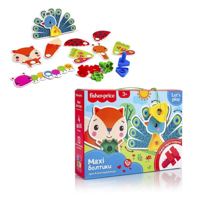 гр Гра конструктор "Fisher-Price MAXI Болтики" VT2905-23 (6) "Vladi Toys", 13 двухсторонних карточек, 4 болтика, 4 гаечки